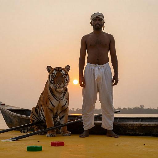 Confident Man and Tiger at Sunset