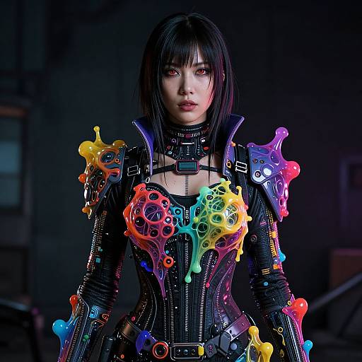 Photorealistic digital artwork of an Asian woman with black bob haircut, wearing a black, neon-lit, cyberpunk outfit with colorful, glowing,