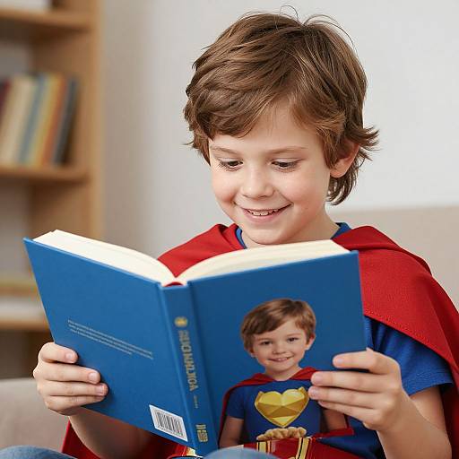 Photograph of a young boy with brown hair, wearing a Superman cape and shirt, smiling while reading a blue book with a Superman cover. Background includes