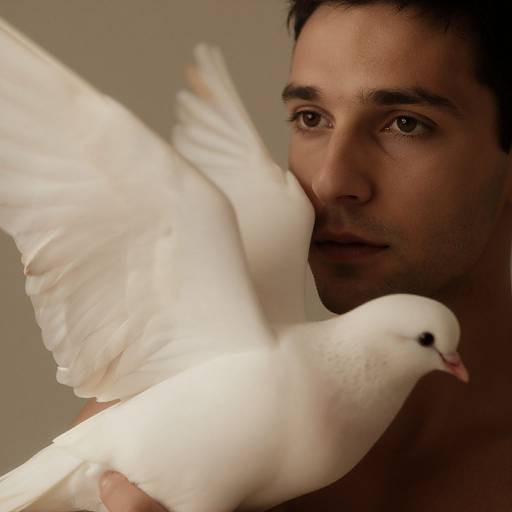 Photograph of a brown-haired man with a serious expression, holding a white dove with wings spread in mid-flight. Soft, neutral background.