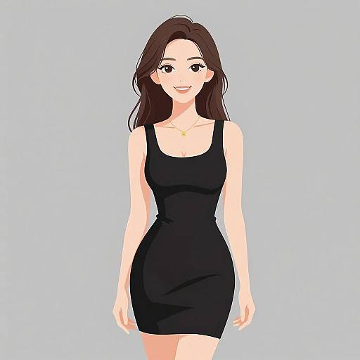 Digital anime-style drawing of a smiling Asian woman with long brown hair, wearing a tight black sleeveless dress, against a light blue background.