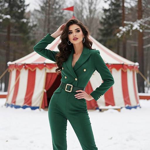 Photograph of a confident woman with long brown hair, wearing a green military-style jumpsuit, standing in front of a red-and-white circus tent in