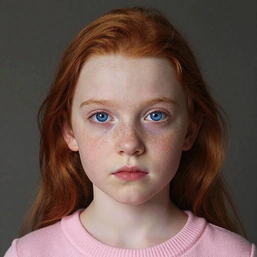 Photograph of a young girl with fair skin, bright blue eyes, and long red hair, wearing a light pink sweater, against a dark gray background
