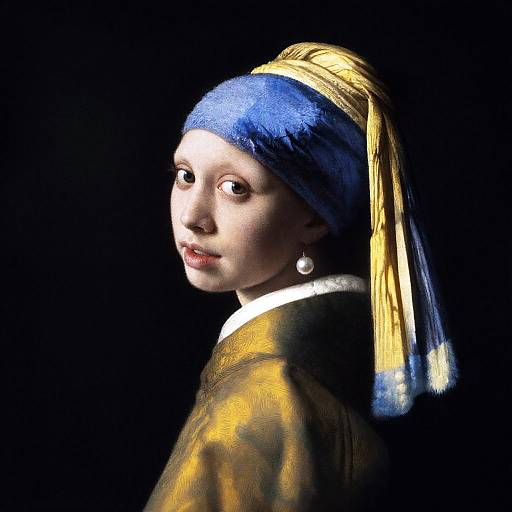 Digital artwork of a young woman with pale skin, blue headscarf, yellow and gold headdress, pearl earring, looking over shoulder, dark