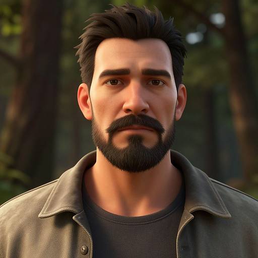 Photorealistic digital portrait of a bearded, dark-haired man with brown eyes, wearing a black shirt and brown leather jacket, in a forest background