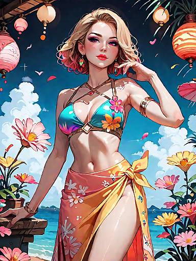 Woman in Triangle Bikini and Floral Sarong at Tropical Beach