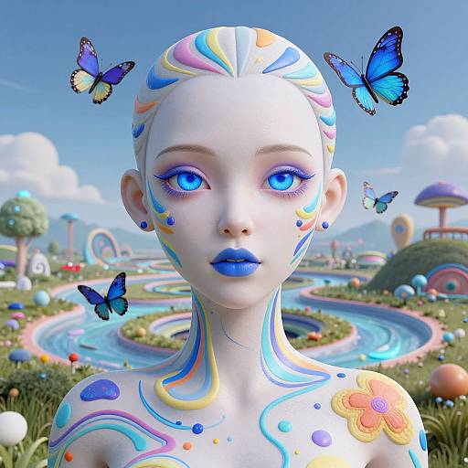 Digital art of a fair-skinned, blue-eyed girl with colorful swirls and butterfly tattoos, standing in a whimsical, rainbow-filled landscape with butterflies