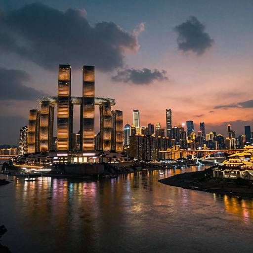 Photograph of a cityscape at sunset, featuring illuminated skyscrapers with orange and yellow lights, reflecting on a calm river, with a vibrant,