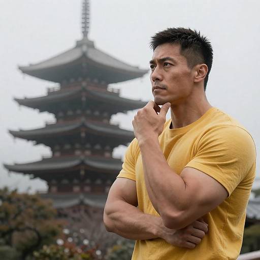Muscular Man Thinking Near Japanese Pagoda