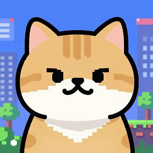 Pixel art of a cute, smiling, orange and white Shiba Inu with black eyes, set against a blue sky with pixelated buildings.