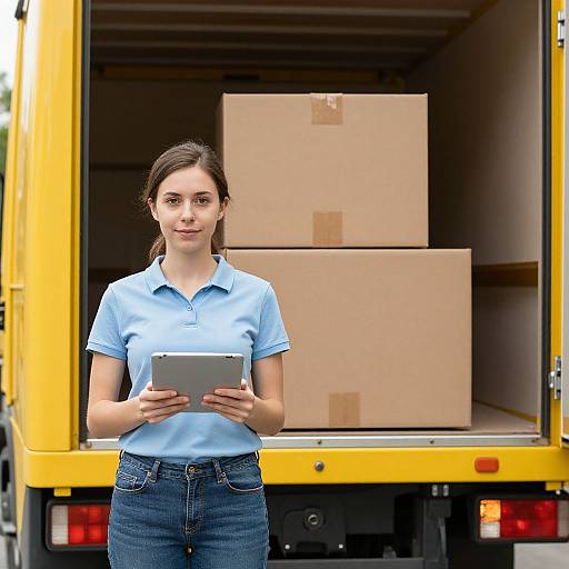 Photograph of a young woman with light skin, brown hair in a ponytail, wearing a light blue polo shirt and jeans, holding a tablet,
