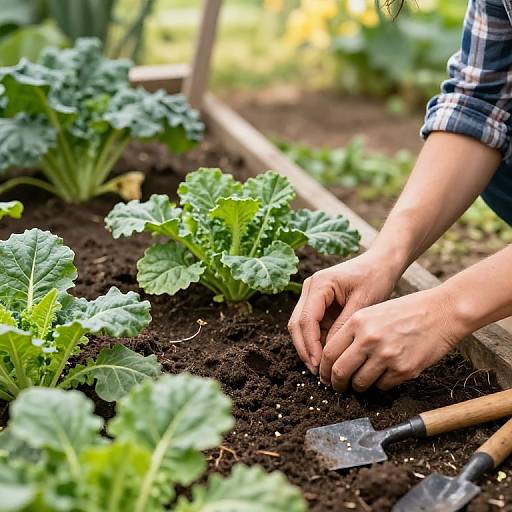 Photograph of hands planting kale in a garden bed, with wooden tool nearby, lush green leaves, and blurred background.