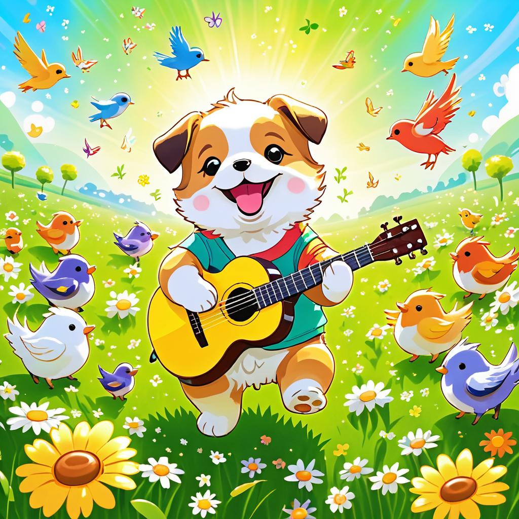 Joyful Puppy Playing Guitar in Meadow