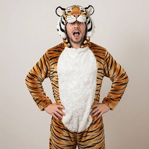 Photograph of a surprised man in a tiger onesie with white belly and headpiece, hands on hips, against plain white background.