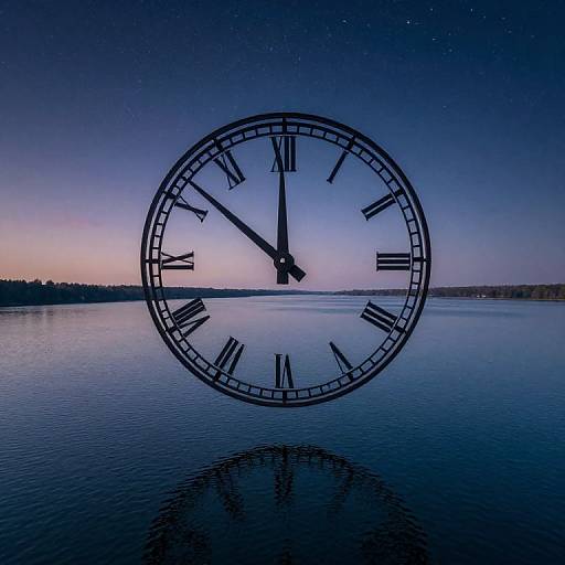 Photograph of a large, black, Roman numeral clock face floating on a calm, reflective lake at twilight, with a starry sky and distant horizon