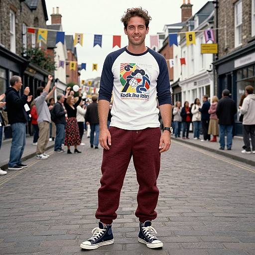 Photograph of a smiling young man with curly brown hair, wearing a white and navy raglan shirt, maroon pants, and black sneakers, standing