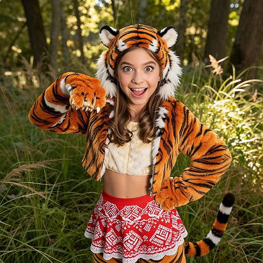 Photograph of a young woman in a tiger costume, smiling with wide eyes, wearing a white crop top and red patterned skirt, standing in a