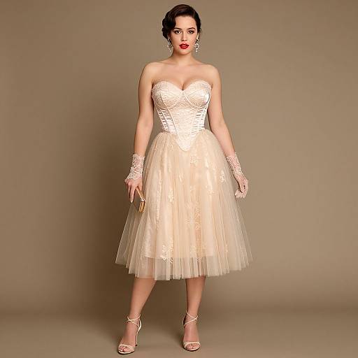 Photograph of a fair-skinned woman with dark hair in an updo, wearing a strapless, white, lace-embellished, knee