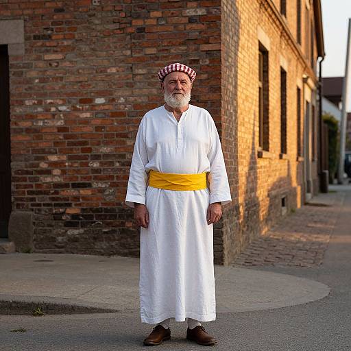 Photograph of an elderly man with a white beard, wearing a white robe, yellow sash, and red-and-white checkered headscarf,