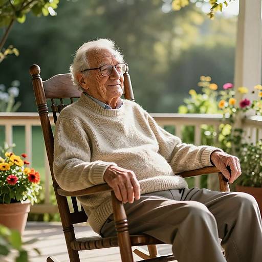 Photograph of an elderly white man with glasses, white hair, wearing a beige sweater and gray pants, sitting on a wooden chair on a sunlit