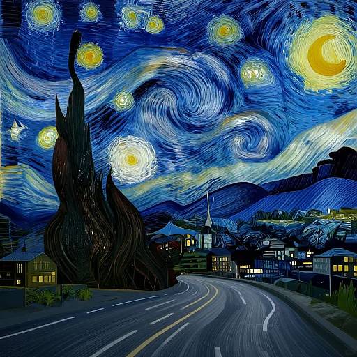 Surreal Nightscape Inspired by Van Gogh and Escher