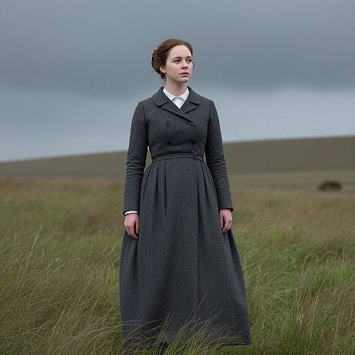 Photograph of a young woman in a dark blue, long-sleeve, Victorian-style dress standing in a grassy field under a cloudy sky.