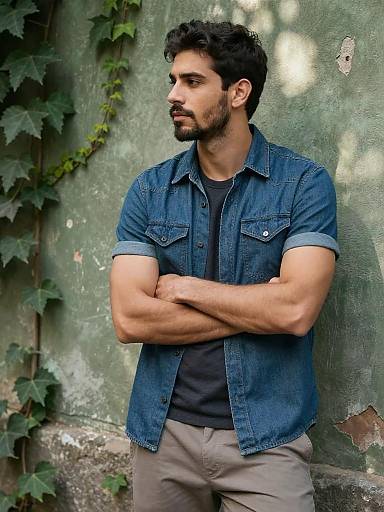 Indigo Denim Portrait Against Ivy Wall