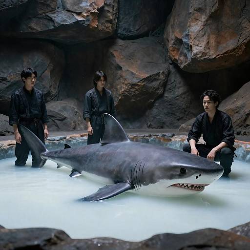 Gritty Scene: Four Figures and Shark