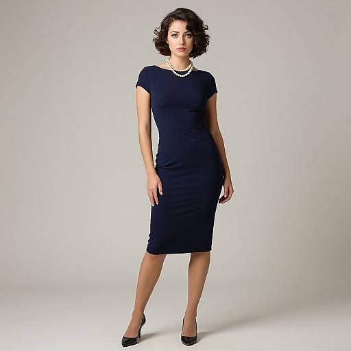 Photograph of a curvy woman with short, wavy brown hair in a tight, navy blue, knee-length dress, pearl necklace, black heels