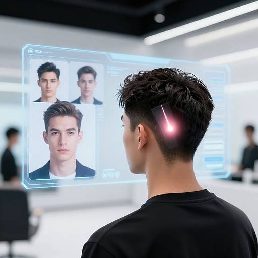 Photograph of a man with dark hair, black shirt, wearing a pink brainwave headset, viewing a holographic screen with three young men's faces