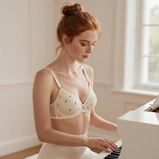 Elegant Redhead at White Grand Piano
