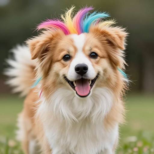 Photograph of a fluffy, tan and white dog with vibrant rainbow and blue mohawk, smiling with tongue out, standing on green grass.