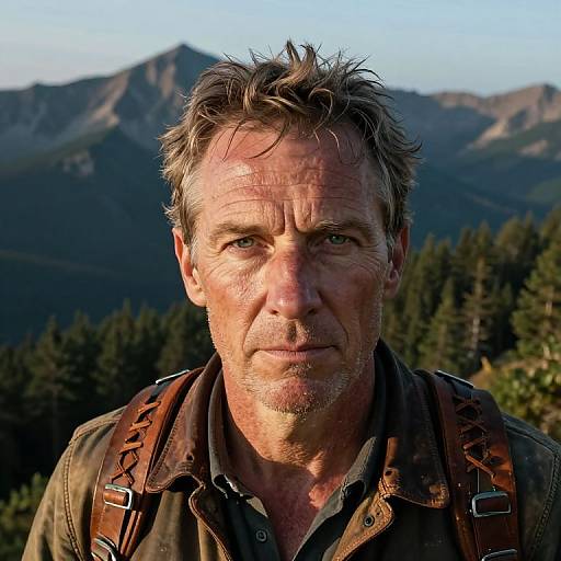 Photograph of rugged, middle-aged man with short, messy gray hair and blue eyes, wearing a brown leather vest over a dark shirt, set against