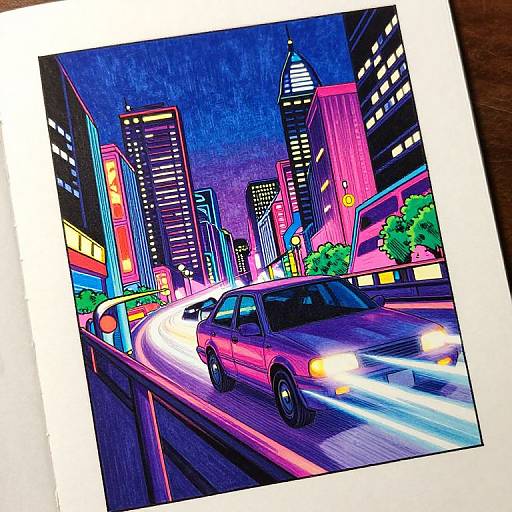 Vibrant digital artwork of a neon-lit cityscape at night, featuring a speeding car with light trails, surrounded by colorful skyscrapers.