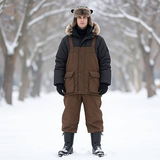Photograph of a man in a brown overalls winter jacket with a fur-trimmed hood, black gloves, and snow boots, standing in a