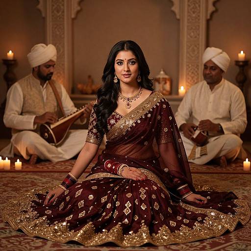 Photograph of a beautiful South Asian woman in a brown and gold embroidered saree, sitting on an ornate carpet, surrounded by two musicians with white