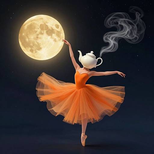 Digital illustration of a ballet dancer in an orange tutu, wearing a white teapot head, touching a glowing full moon, with swirling smoke against a