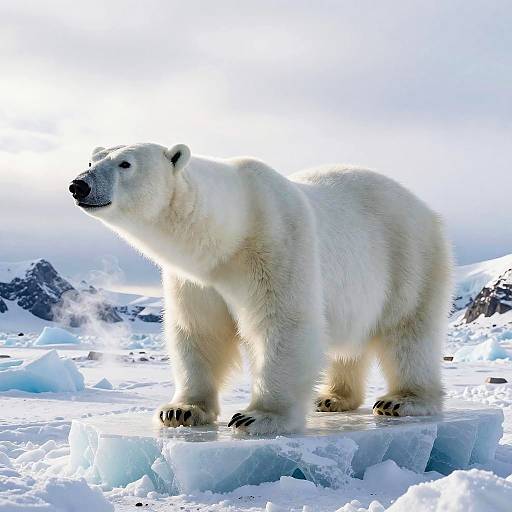 Photograph of a standing polar bear on a frozen ice floe, with white fur and a snowy, mountainous Arctic background.