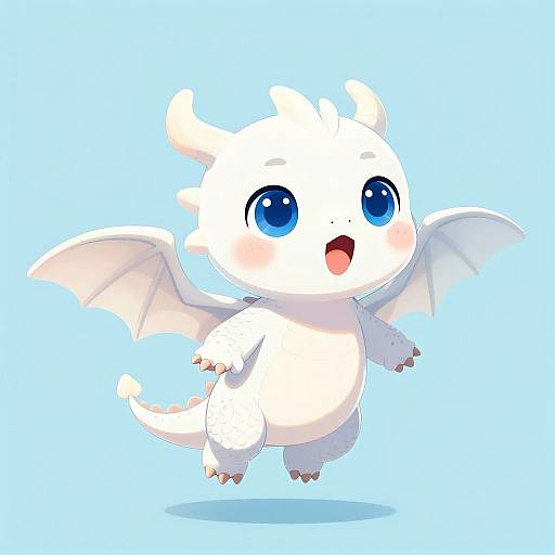 Adorable digital drawing of a cute, white, baby dragon with big blue eyes, small horns, wings, and a happy expression, floating against a