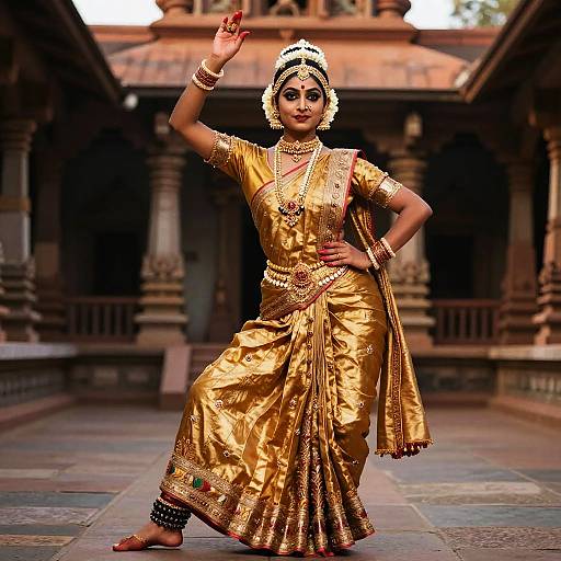 Photograph of a South Asian woman in a golden traditional sari, adorned with jewelry, posing gracefully in a stone courtyard.