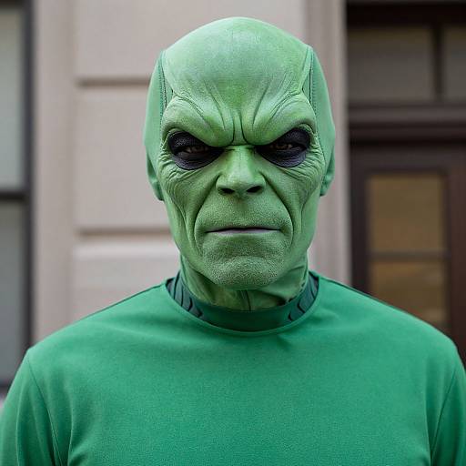 Photograph of an elderly man with a green, alien-like mask and matching green shirt, standing in front of a building.