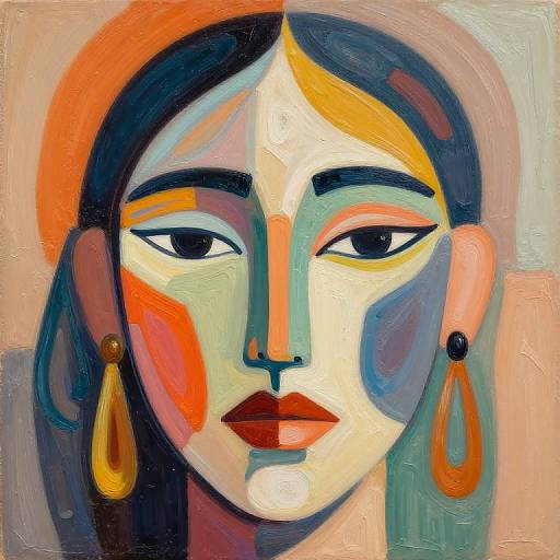 Abstract painting of a woman with large eyes, red lips, and colorful face, wearing orange and brown teardrop earrings, in vibrant hues.