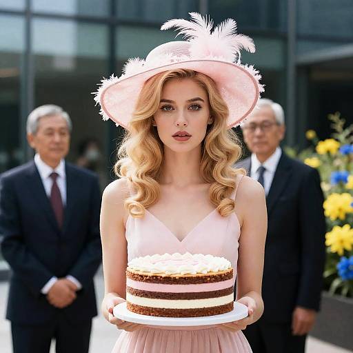 Elegant Blonde Woman with Cake and Flowers