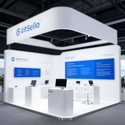 Photograph of a modern, illuminated booth with white and blue signage, featuring a sleek, minimalist design and two computer monitors.