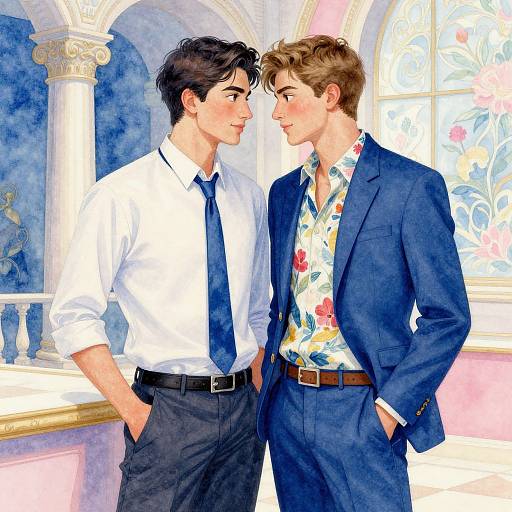 Digital illustration of two handsome men in suits, one in a white shirt and blue tie, the other in a blue suit with a floral shirt, standing