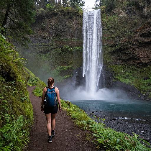 Photograph of a woman in a blue backpack walking toward a tall, misty waterfall in a lush, green forest.