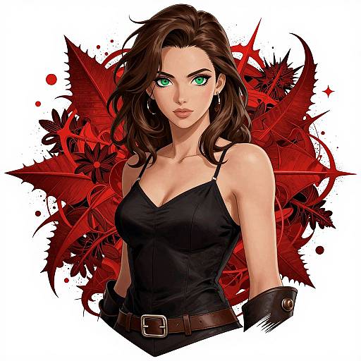 Digital art of a fierce, green-eyed brunette woman with wavy hair, wearing a black spaghetti-strap top and brown belt, against a red,