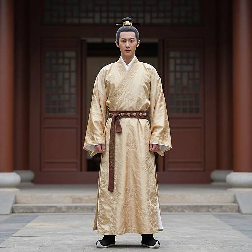 Photograph of an East Asian man in a gold satin traditional Korean hanbok, black hair in a topknot, standing in front of a