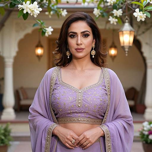 Photograph of a beautiful South Asian woman with medium skin tone, brown hair, wearing a purple embroidered kurta and dupatta, standing in a floral