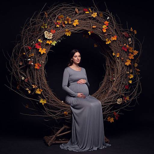 Pregnant woman in a long, gray dress sits on a stool, surrounded by a circular, autumn-themed twig wreath, against a black background
